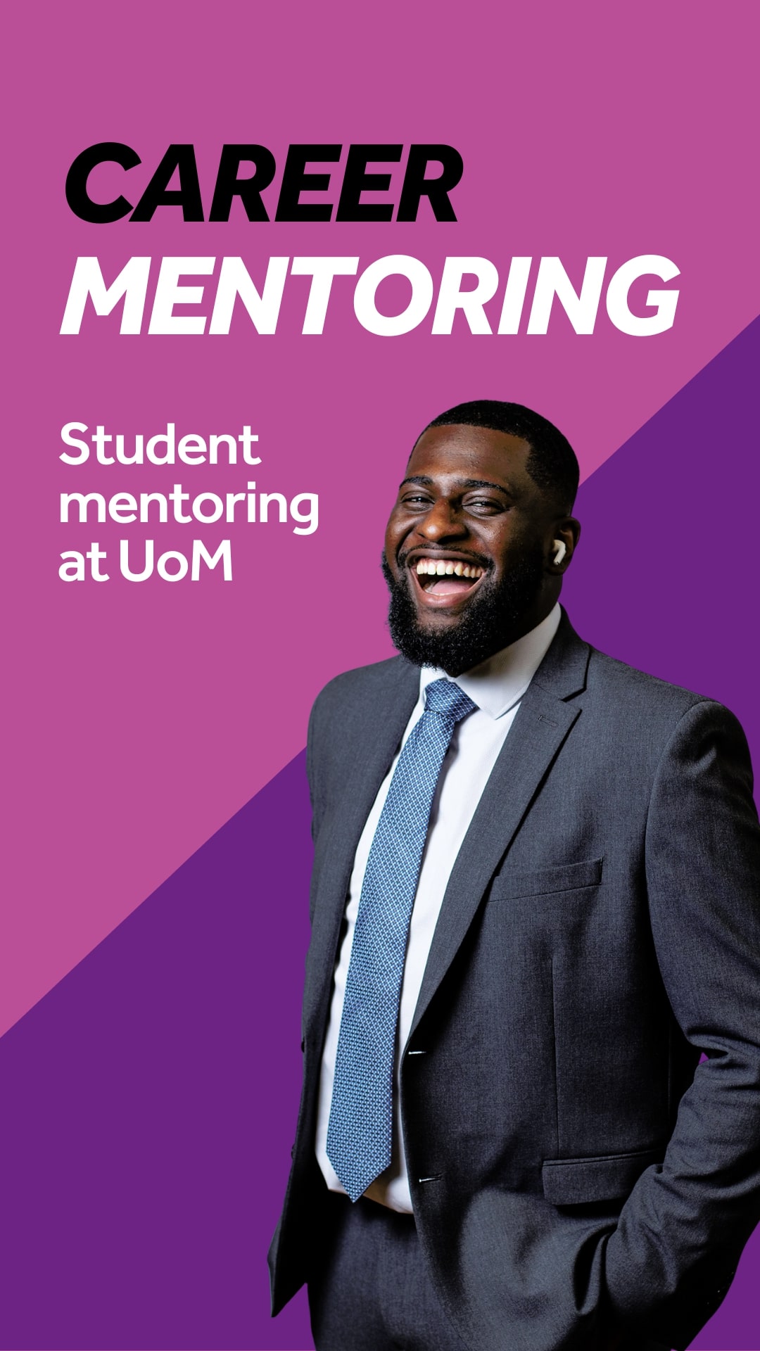Text reads "Career Mentoring: Student mentoring at UoM". A smartly dressed man is smiling. Light purple and purple split background.